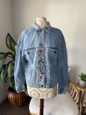 Vintage Light Blue Y2K Boho Chic Floral Embroidered Denim Jacket Women  s Size M