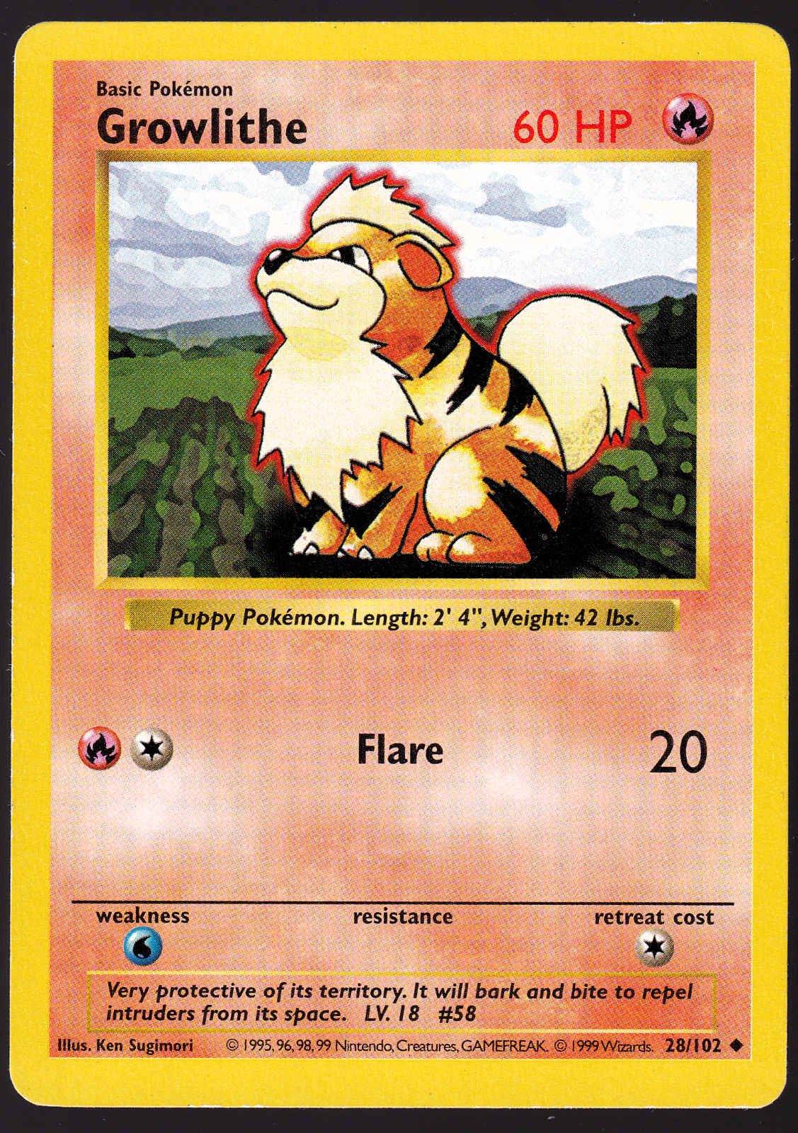 Growlithe Shadowless 28/102 Base Set Pokemon TCG Card 1999 MP