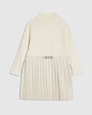 River Island Mini Girls Dress Cream Faux Leather Pleated High Neck Long Sleeve