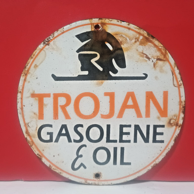 #ad Vintage TROJAN Gasolene Oil Pump Plate Porcelain Enamel Sign 6quot; Inches $72.25