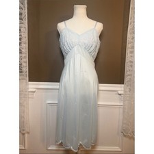 Vintage Vanity Fair Blue Lace Slip Dress Nightgown Cottagecore 36 S/M
