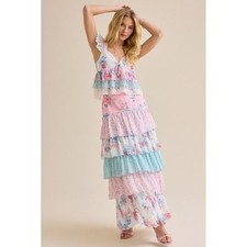 Altar'd State Multi Floral Tiered Ruffle Maxi Skirt Pink Blue Size XXS