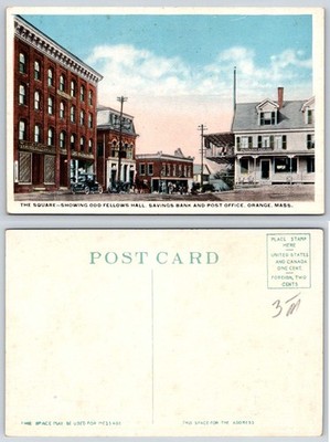 Orange MA The Square Odd Fellows Hall Savings Bank Post Office Postcard AM220