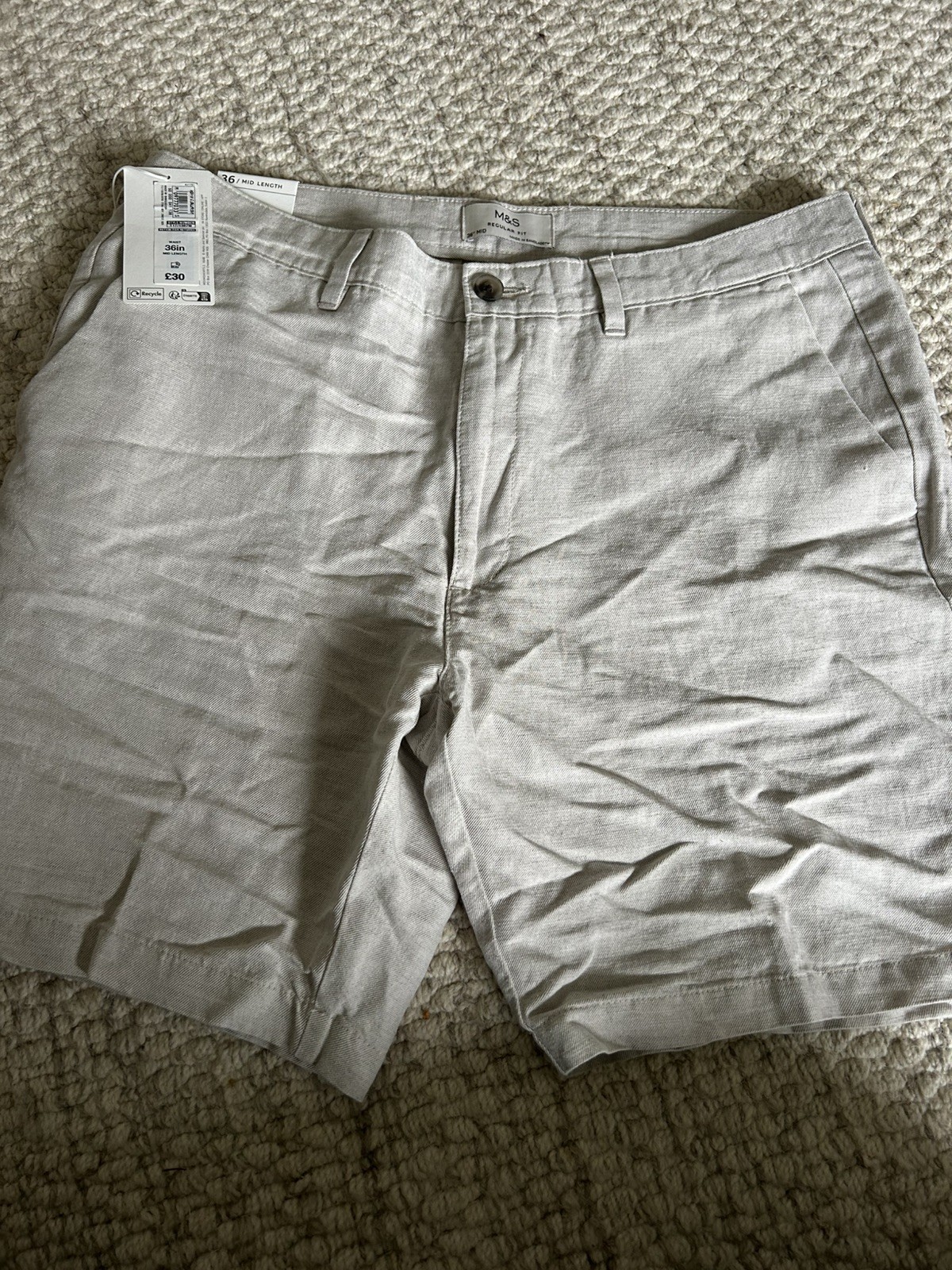 M & S Men’s Linen Blend Shorts Stone Beige W36 Mid Length BNWT RRP £30