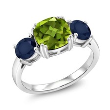 3.65 Cttw Peridot and Sapphire 3-Stone Engagement Ring For Women  925 Sterling