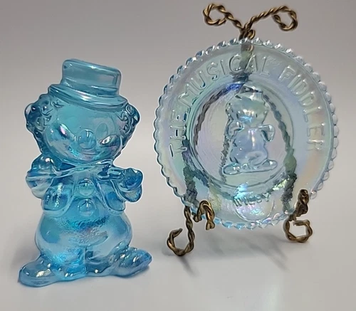 Vtg Mosser Glass Little Fiddler Clown Wilby Blue Carnival w. Matching Plate