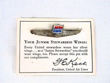Vintage United Airlines Metal Junior Stewardess Wings Pin On Card