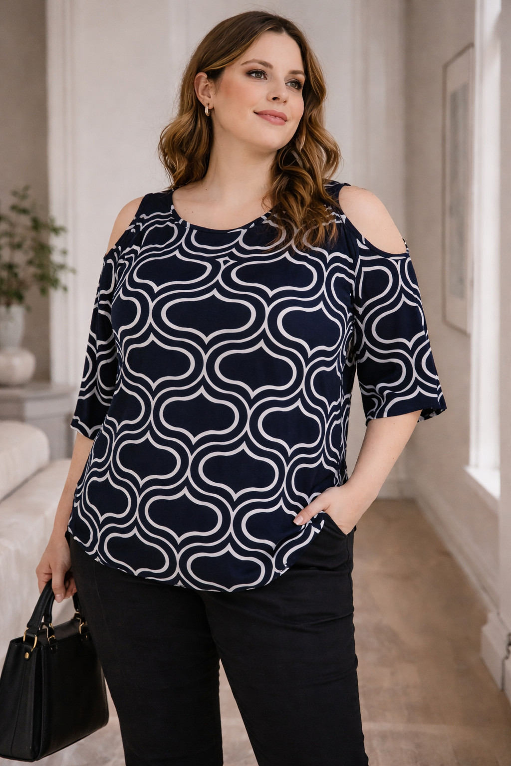 Perceptions Navy Graphic Cold Shoulder Blouse Pet… - image 1