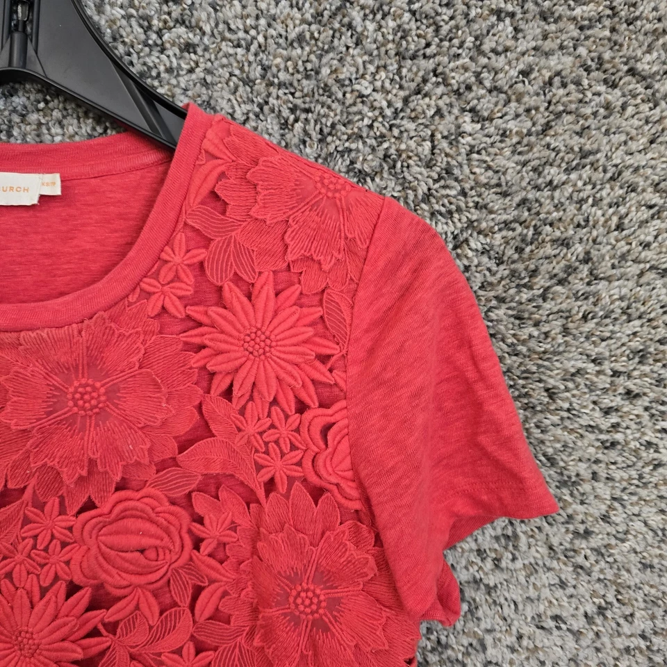 Tory Burch Top 女式 XS 蕾丝 Katama T 恤深珊瑚亚麻混纺花卉衬衫 — 第 2/4 张图片