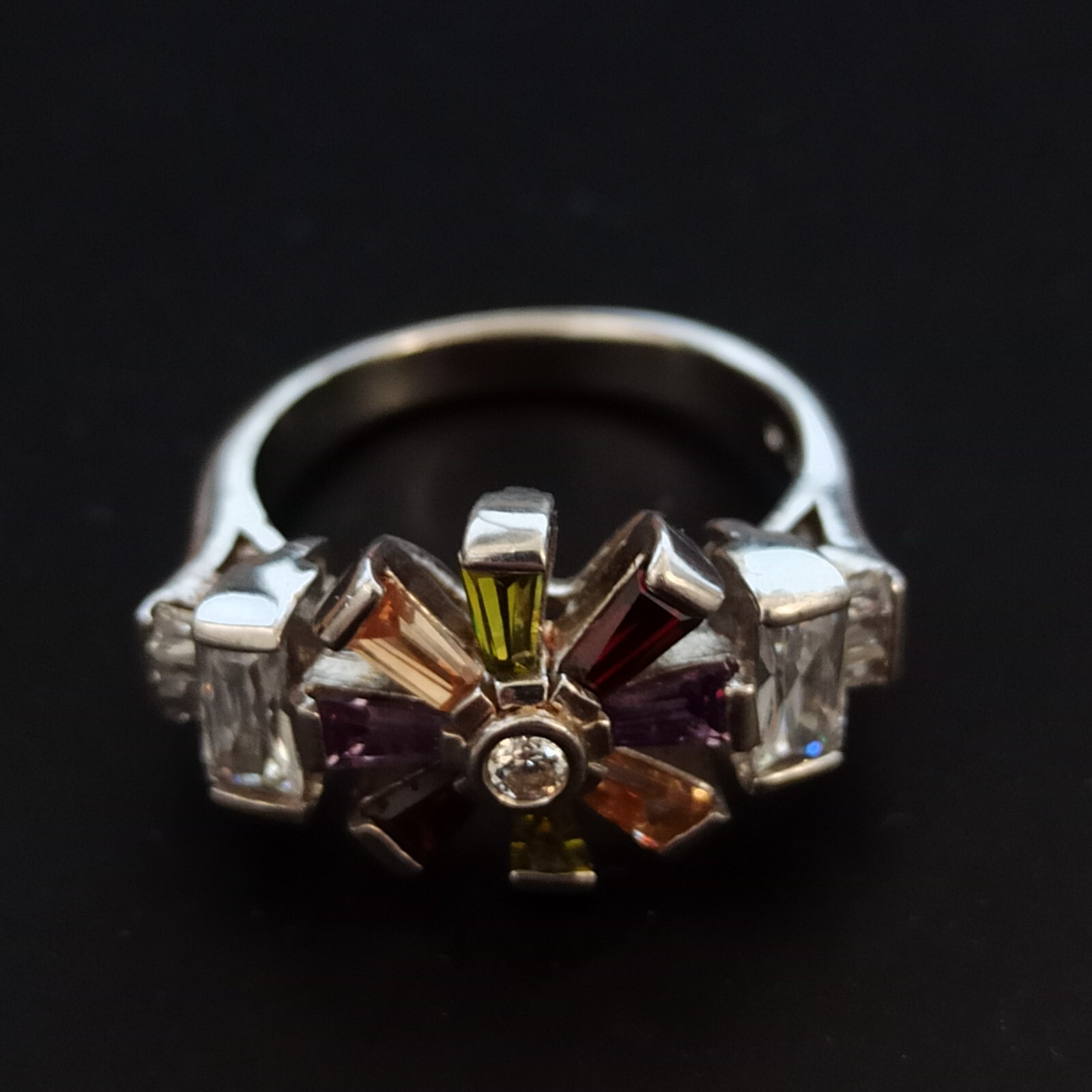 Silver Ring Multicolor Flower Crystals Stone Vint… - image 14