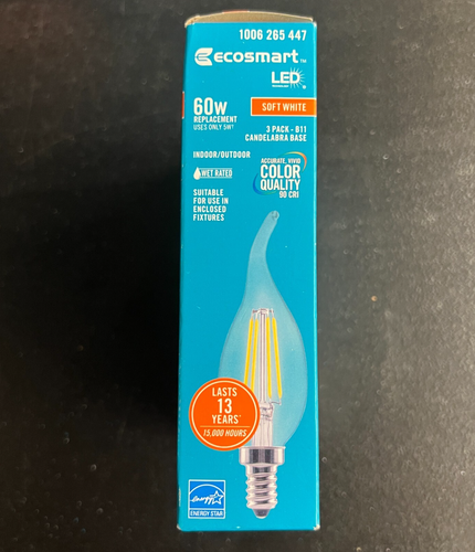 3pk Ecosmart 60W LED Light Bulb B11 Dimmable Chandelier Clear Glass Soft White - Picture 2 of 6