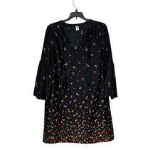 Old Navy Dress Size Small Black With Roses Womens Flared Sleeves Polyester