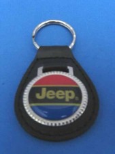 Vintage Jeep Red Blue genuine grain leather keyring key fob keychain - Old Stock