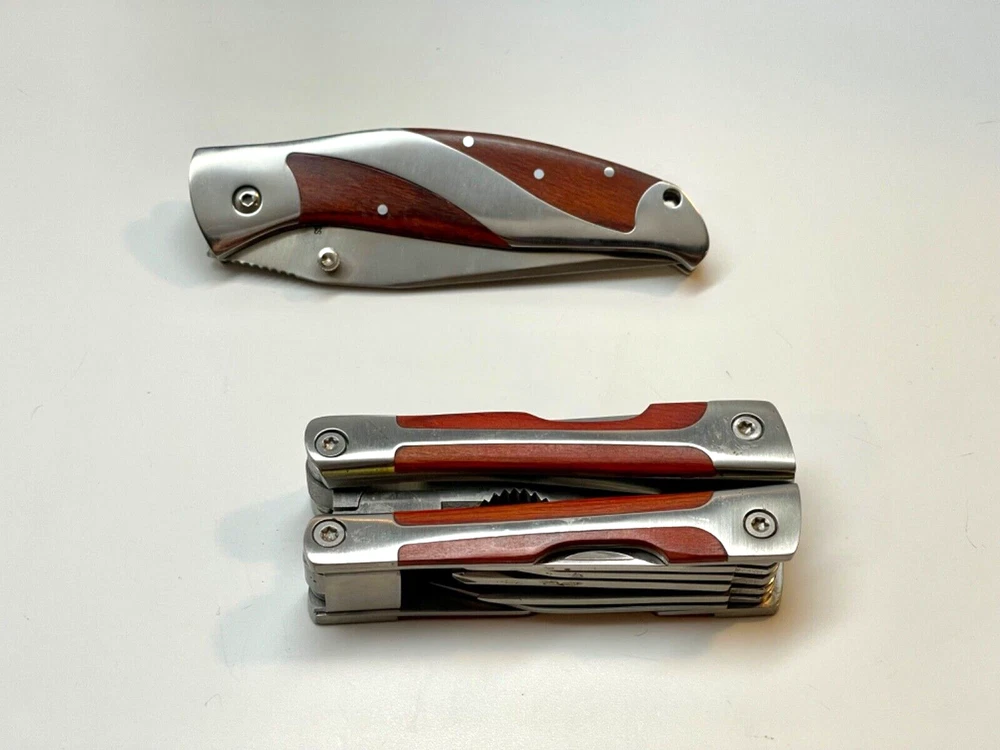 Multi Tool and Folding Knife Set - Stainless Steel Blades w/Wood Handle Inlays