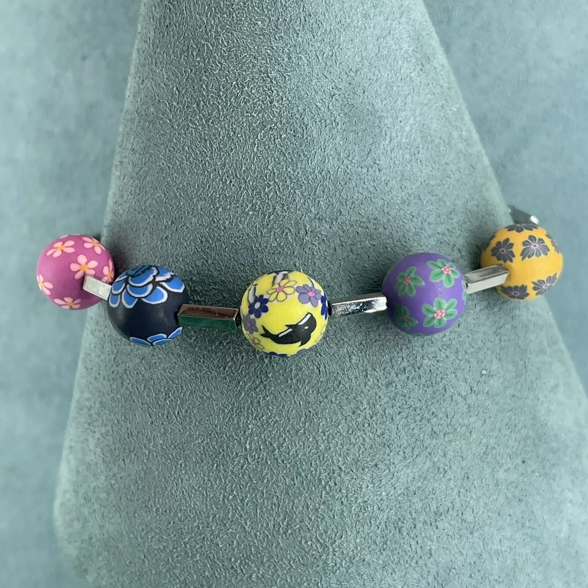 Swatch Bracelet Stainless Steel polymer clay Floral Beaded Silver