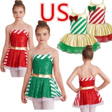 Kids Girls Christmas Sequin Dancewear Costume Sleeveless Performance Dress