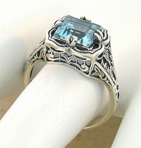 CLASSIC ART DECO STYLE GENUINE BLUE TOPAZ 925 STERLING SILVER FILIGREE RING #703 - Picture 2 of 4