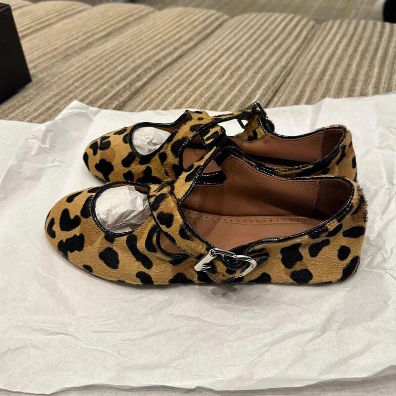 Leopard Women’s Suede Pump Shoes Mary Jane Casual Flat Comfort Round Toe Retro - Image 3 of 4