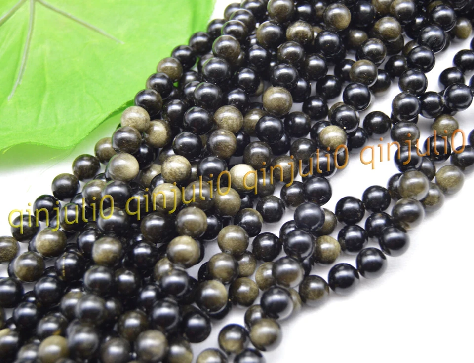 Cuentas sueltas de piedras preciosas redondas de obsidiana negra ojo dorado natural 15" 6 mm 8 mm 10 mm 12 mm Foto 3 de 4