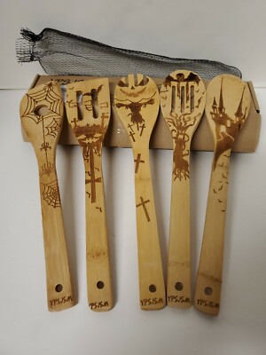 5 PCS Bamboo Spoons Cooking Serving Utensils Set -Magic Pattern Burned  Design