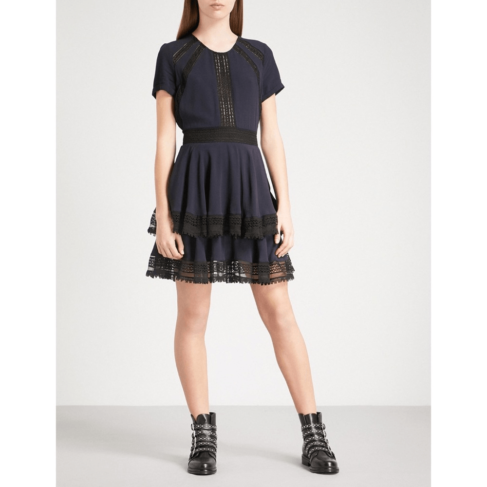 Maje Raglia Crepe Lace Inlet Tiered Dress Blue