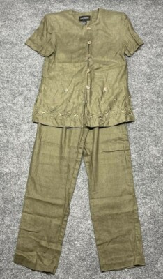 John Roberts 2 Piece Pant Suit Womens 6 Green Floral Embroidered 100% Linen