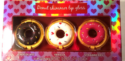 3 Donut Shimmer Lip Gloss Chocolate, Vanilla, Strawberry