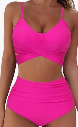 WOMEN'S HOT PINK WRAP BIKINI SET PUSH UP HIGH WAISTED 2 PIECE SWIMSUIT SIZE XL