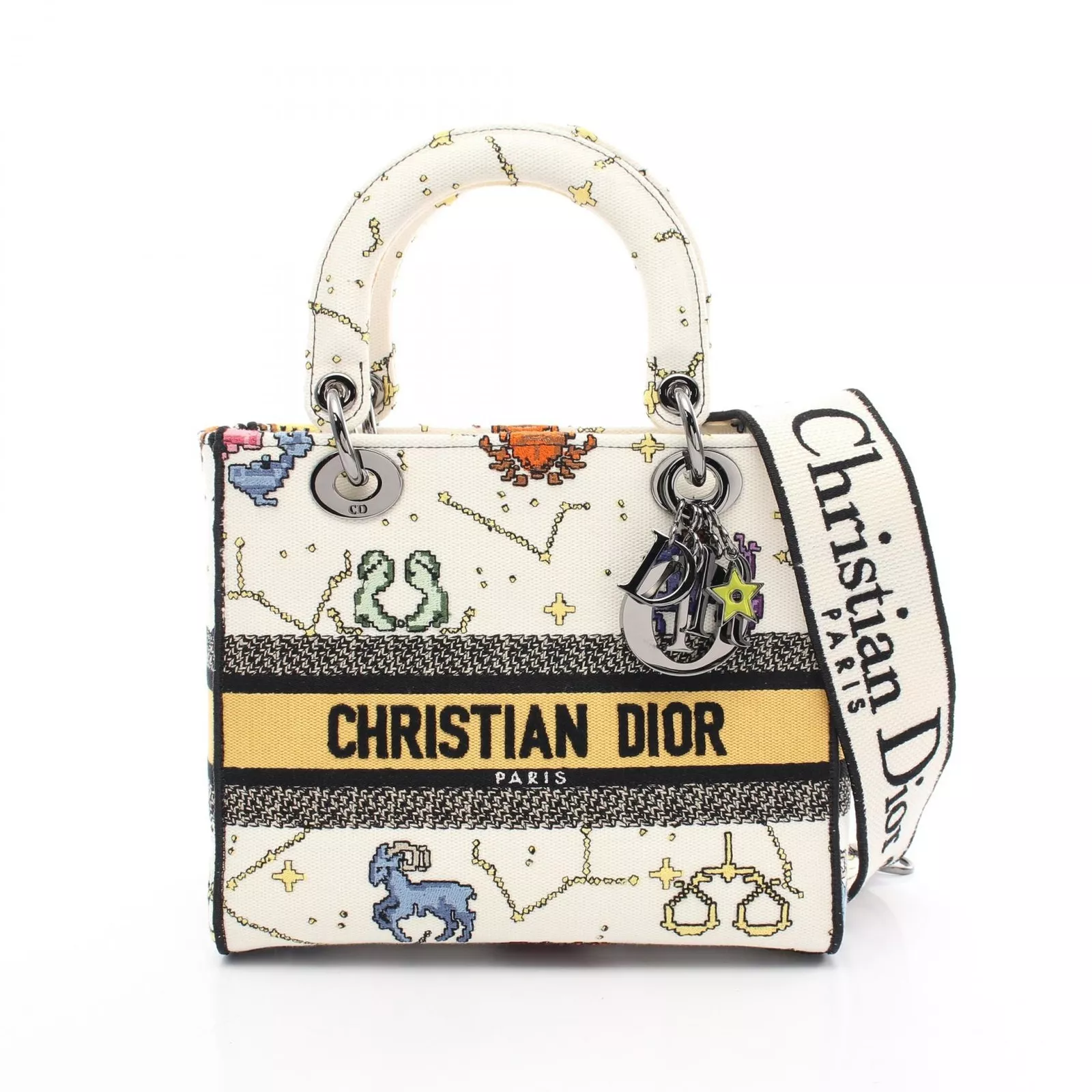 Sac à main bandoulière Dior LADY D LITE moyen 2 voies toile blanc multicolore occasion femme