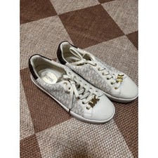 Michael Kors Poppy Lace Up Sneakers Vanilla MK Logo Gold Hardware 8.5M BF21J