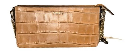 NWT DKNY Tan Crocodile Embossed Genuine Leather Crossbody Bag Gold Chain Strap!