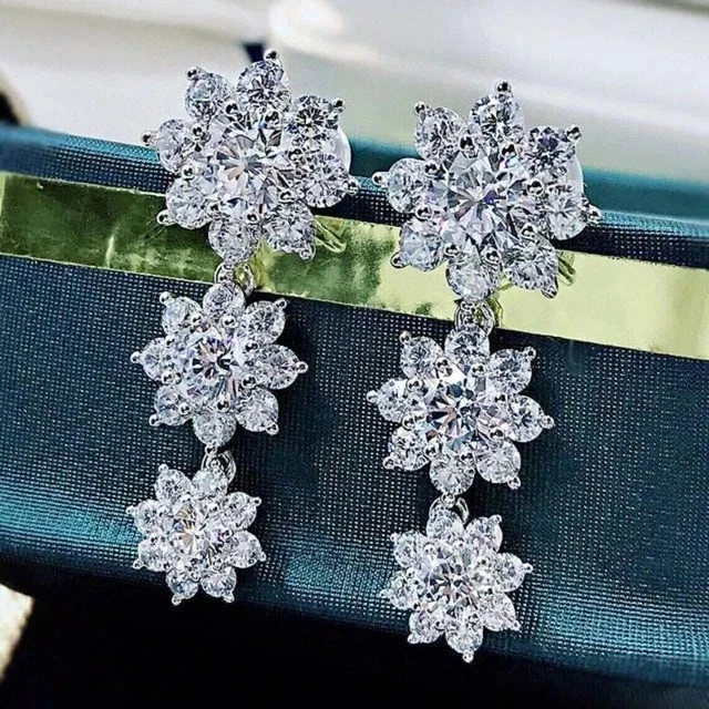 4Ct Lab Created Diamond Round Flower Drop Dangle Earrings 14K White Gold Plated - Image 2 of 4