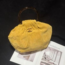 Auth Chanel Large Ring Handle Handbag Beige Suede Leather Gold‑Tone CC Logo