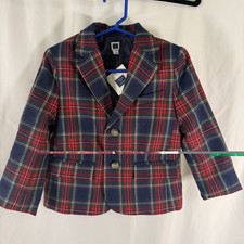 New Janie and Jack Blazer Boys 3 Red Tartan Plaid Button Up Long Sleeve Collared