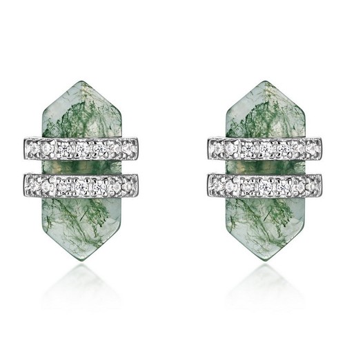 Natural Moss Agate Geometric Stud Earrings S925 Sterling Silver Women Gift