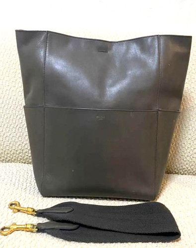 CELINE Sangle Bucket Shoulder Bag Large Gray Calfskin Gold Hardware
