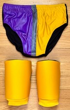 Mens Pro Wrestling Gear Set Purple Gold & Gray Trunks w/ Yellow Knee Pads Sz L