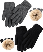 2 Pairs Kids Gloves Winter Thermal Wool Fleece Lined Gloves Thick Knit Glove for