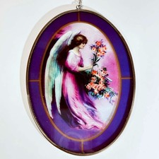 Vintage Enesco Guardian Angel Glass Suncatcher 1995 Artistry Oval 6.5"