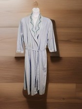 Cabernet Sleepwear Robe Womens XL Blue White Striped Embroidered Long Tie