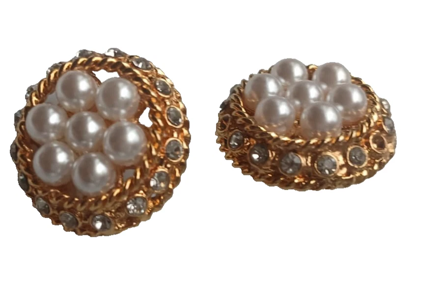 Vintage Gold-Tone Pearl & Rhinestone Dome Buttons 27mm Couture Style Set of Two - Image 2 of 4