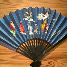 Vintage Folding Hand Fan Blue  White Paper with Painted Figures Black Ribs