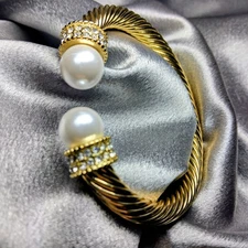 Gold Twisted Cable Cuff Bracelet w/Pearl & CZ Pave Cabochons