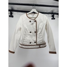 White House Black Market White Fitted Jacket Brown Trim Double Breasted 10 NEW