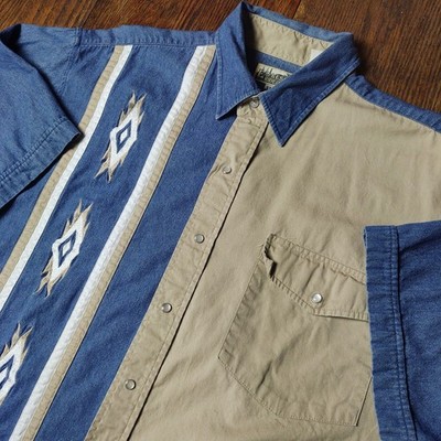 VTG Express Rider Colorblock Western Shirt XL Pearl Snap Denim Aztec Southwest