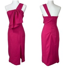 Mac Duggal NWT One Shoulder Bow Accent Midi Sheath Dress Side Slit Size 2 Pink