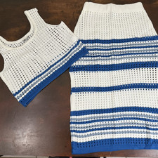 Crochet Knit Stripe Two-Piece Set Tank Top Midi Skirt White Blue Beachwear L/XL