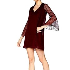 Avec Les Filles Womens Dress Size 2 Lace Flare Sleeve mini Shift Wine Popover 