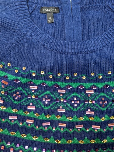 Women' Talbots Lambswool Blend Blue Green Jewel Embellished Sweater, Medium - Imagen 2 de 5