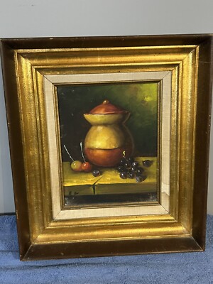 1940s-50s canvas oil painting in a shadow box type wood frame.Kitchen scene.